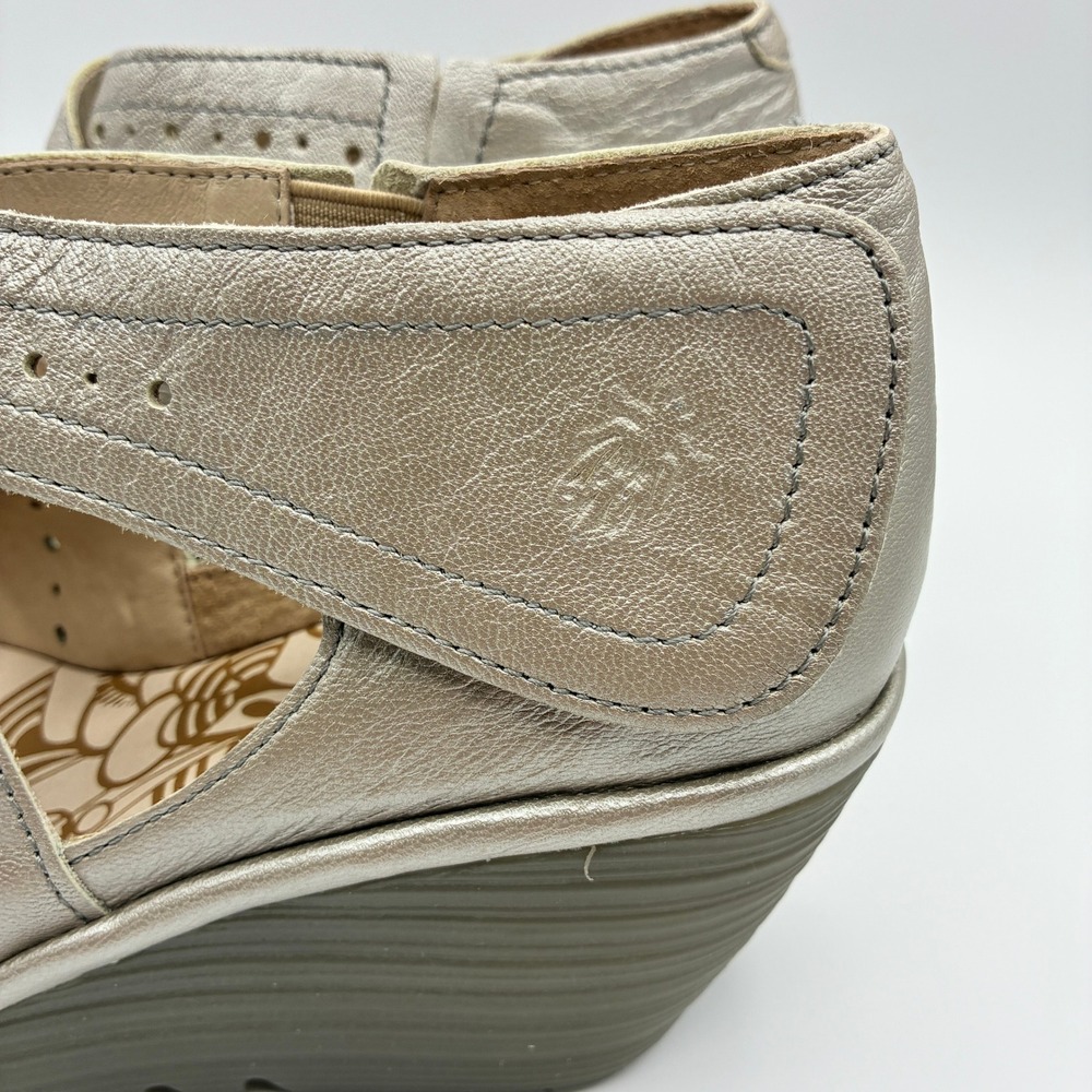 Fly London Yepe Wedge Sandals Womens 38 7.5-8 Gold Leather Perforated Mary Jane - Picture 3 of 15